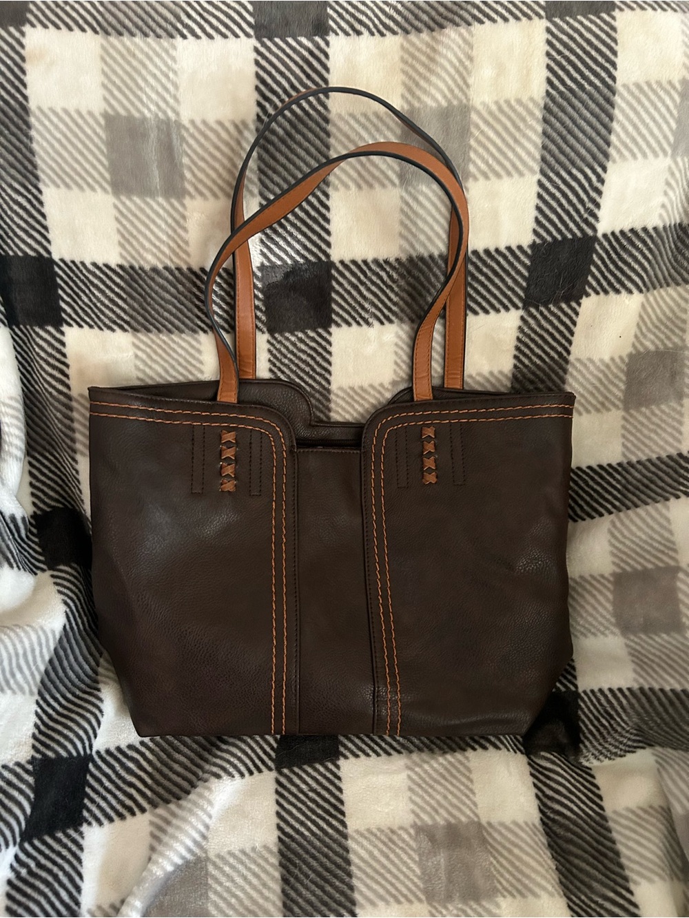 Montana West Dark Brown Leather Tote with Tan Handles
